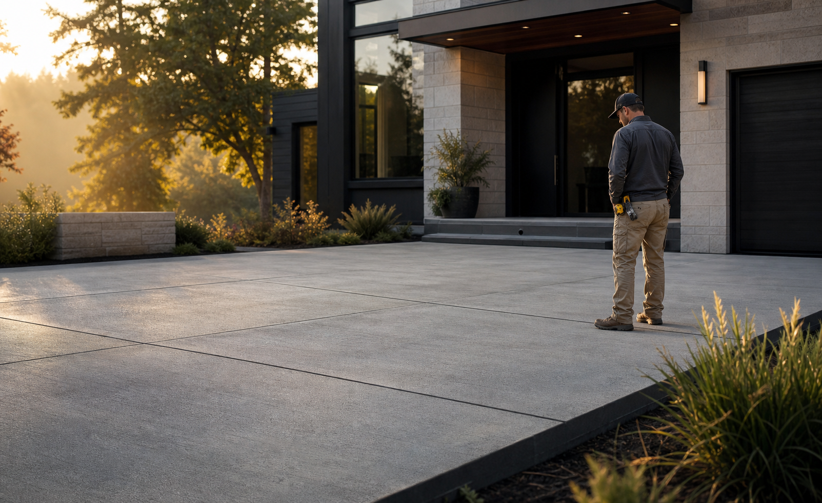 A concrete professional inspecting a newly finished driveway