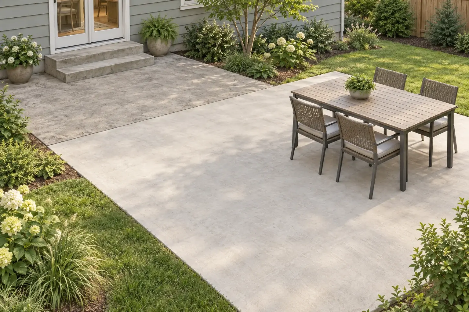 Illustration of a patio extension: weathered concrete remains beside the house steps, while lighter added concrete provides a dining area and open space to walk beside it.